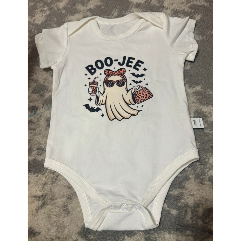 Unbranded-Unisex White Halloween Ghost Theme Bodysuit 12 Months (NWT)
